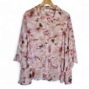 Vintage Jordan Button Up Blouse Size 3X Top Floral Sheer Pink Brown Bell Sleeves